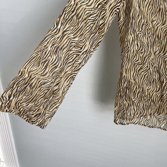 Cache Beige Animal Print 100% Silk Embellished V-Neck Sheer Blouse - Picture 3 of 7